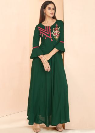 Dark Green Bell Sleeved Readymade Dress