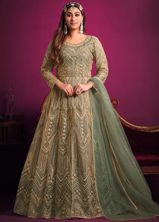 Green Sequins Embellished Net Pant Suit Set