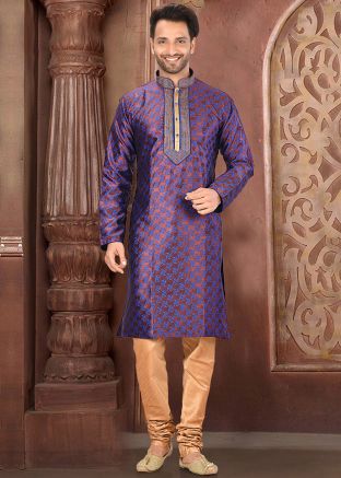 Purple Woven Jacquard Kurta With Churidar