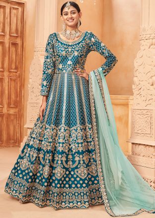 Blue Embroidered Anarkali Suit In Art Silk