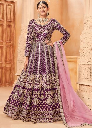 Purple Embroidered Art Silk Anarkali Suit