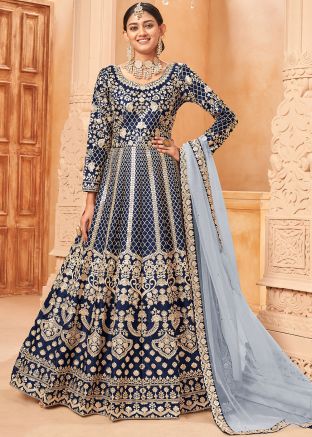 Navy Blue Embroidered Anarkali Style Suit