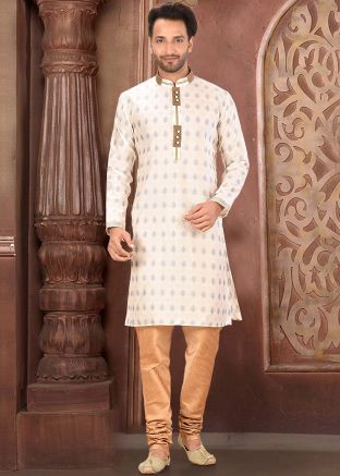 White Jacquard Woven Readymade Kurta Churidar Set
