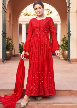 Red Embroidered Palazzo Suit Set In Chiffon