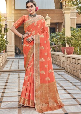 Peach Woven Saree In Linen