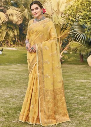 Yellow Woven Saree In Linen