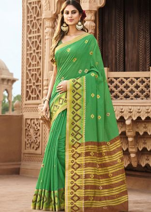 Green Woven Saree In Linen