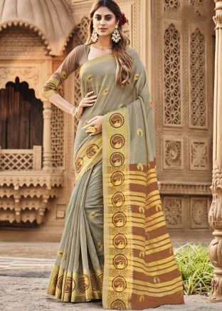 Grey Woven Saree In Linen