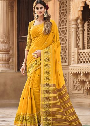 Yellow Woven Saree In Linen