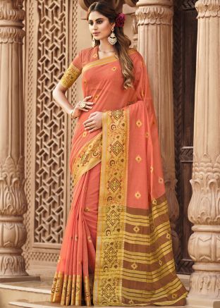 Peach Woven Saree In Linen