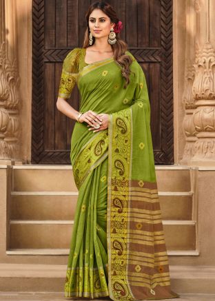 Green Woven Saree In Linen