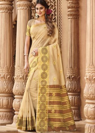 Cream Woven Saree In Linen