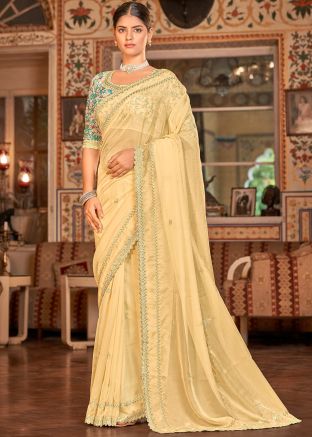 Yellow Sequinned Organza Saree With Blouse