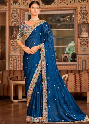 Blue Embroidered Saree With Heavy Border