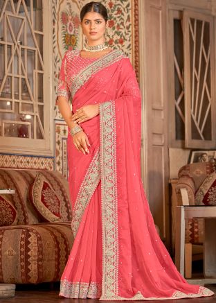 Pink Dori Embroidered Saree With Heavy Border