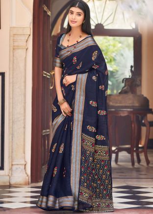 Blue Woven Saree In Chanderi
