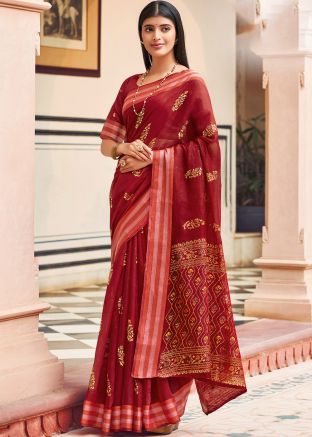 Maroon Woven Saree In Chanderi