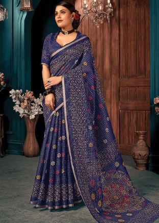 Blue Woven Saree In Cotton