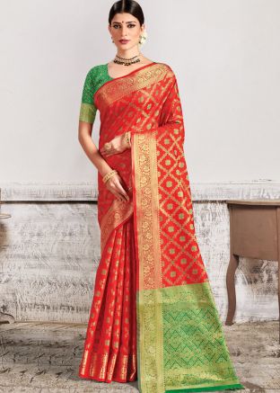 Red Woven Saree In Patola