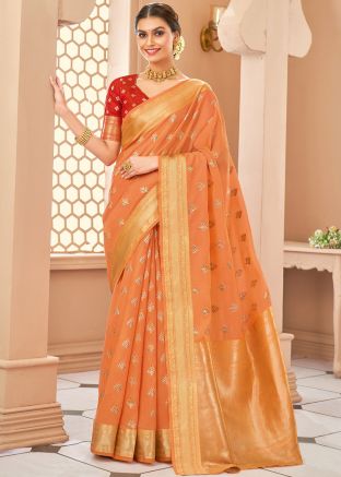Peach Woven Saree In Cotton