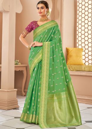 Green Woven Saree In Cotton