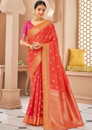 Red Woven Saree In Cotton