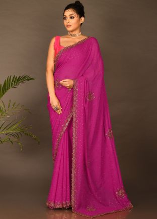 Pink Stone Embellished Saree In Art Silk