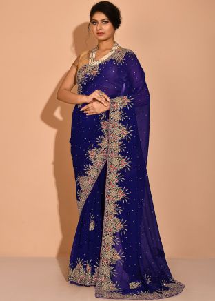 Navy Blue Embroidered Border Georgette Saree