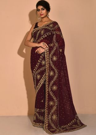 Brown Embroidered Border Georgette Saree