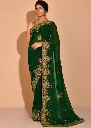 Green Heavy Border Georgette Festive Saree