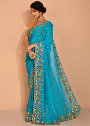 Blue Embroidered Saree In Georgette