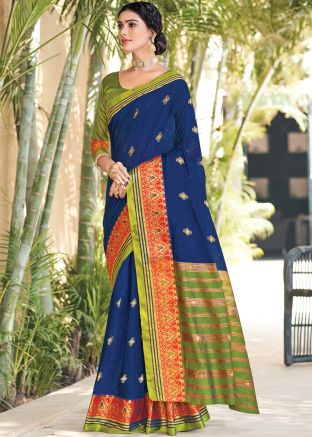 Blue Woven Saree In Cotton