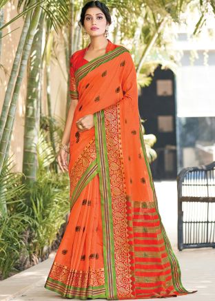 Orange Woven Saree In Cotton