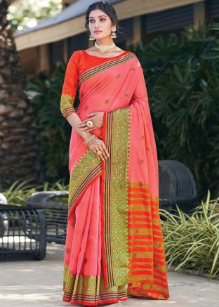 Pink Woven Saree In Cotton