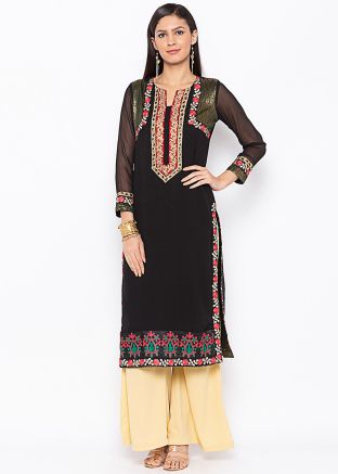 Readymade Black Georgette Embroidered Long Kurta