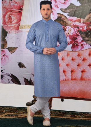 Readymade Blue Printed Kurta With Churidar