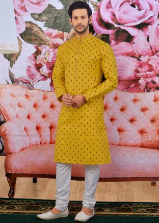 Readymade Yellow Printed Cotton Kurta Churidar Set