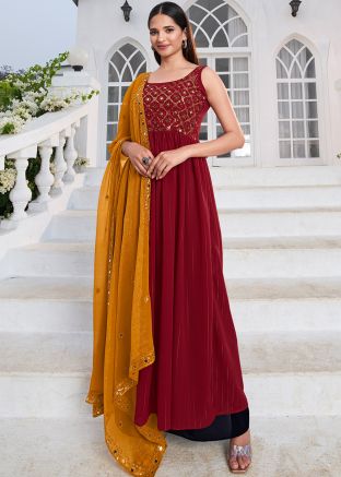 Red Sequins Embroidered Palazzo Suit Set