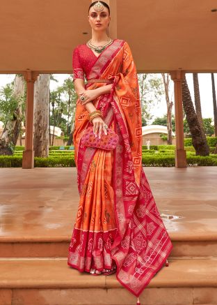 Orange Zari Woven Festive Saree In Patola Silk