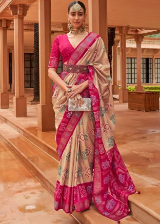 Cream Festive Saree With Patola Print Motifs