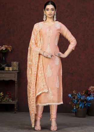 Orange Chanderi Embroidered Palazzo Suit Set