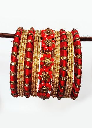 Red Stone Studded Metal Bangle Set