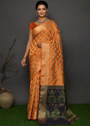 Orange Woven Border Kanchipuram Silk Saree
