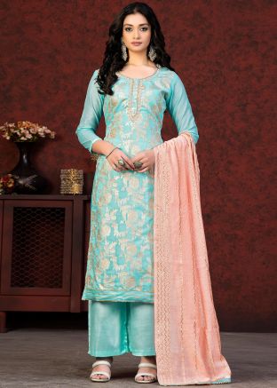 Blue Zari Woven Straight Cut Pant Suit