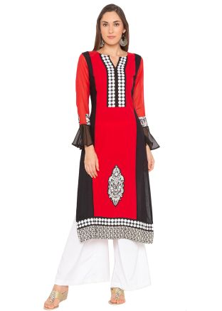 Red And Black Readymade Long Kurta