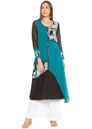 Turquoise Digital Printed Readymade Long Kurta