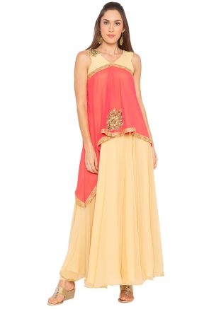 Beige Georgette Readymade Layered Long Kurta