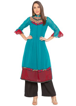Blue Readymade Embroidered Long Kurta