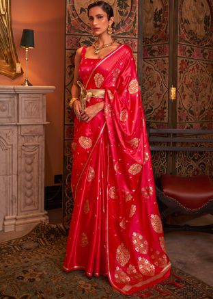 Pink Zari Woven Saree In Satin