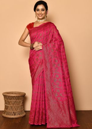 Pink Banarasi Silk Saree With Zari Woven Motifs